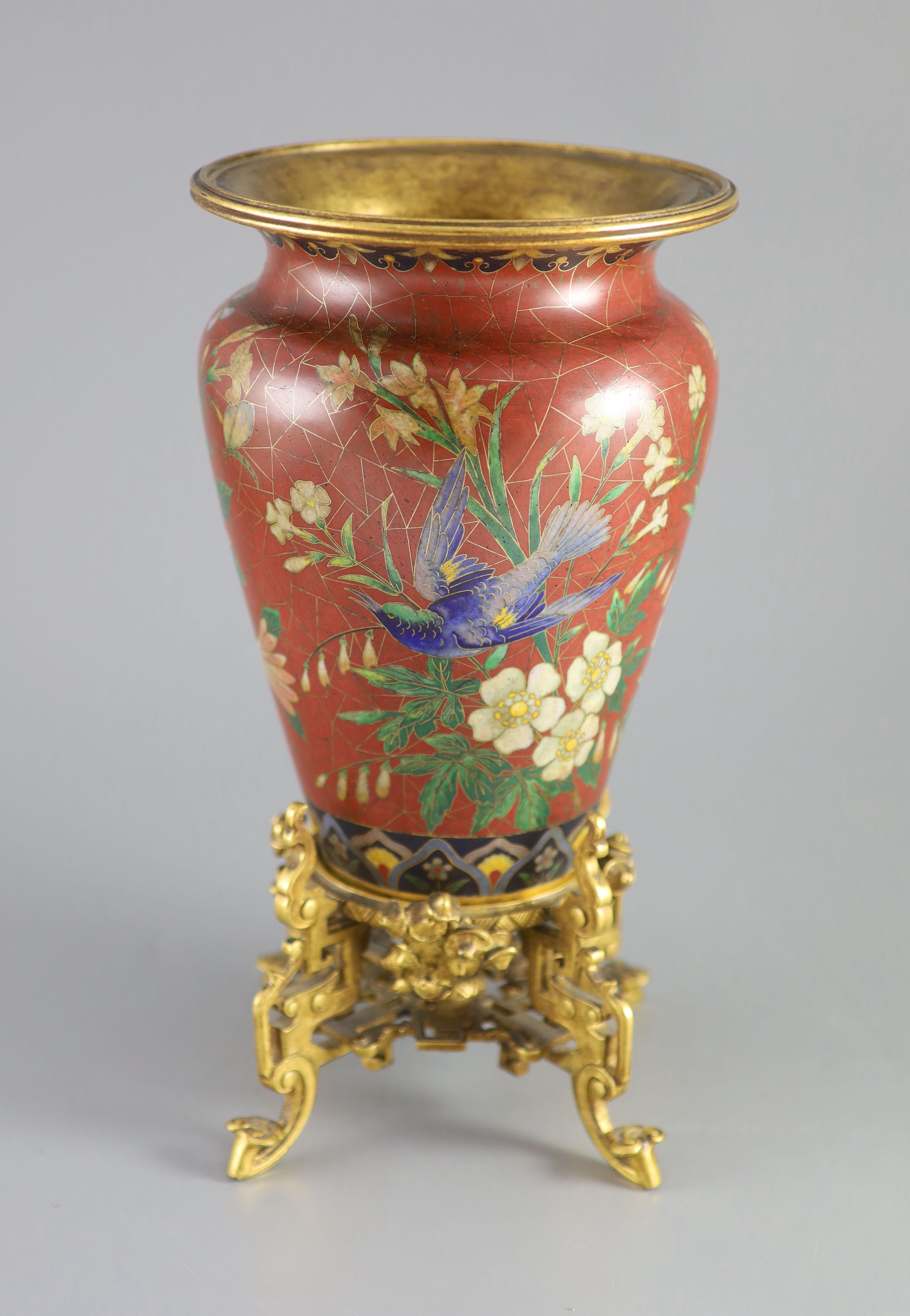 An Elkington & Co. Japonaise ormolu mounted 'cloisonne' enamel vase, c.1874, 32cm high, area of restoration